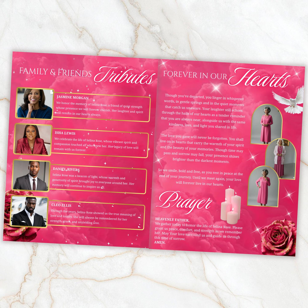 08 Pages Memorial Pink Funeral Program Template, Editable Bifold 8.5x11” Design, Obituary Celebration Of Life Program, Digital Download - Editable Memorial Canva Template