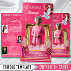 Pink Memorial Funeral Program Template, Tri-Fold(17x11) Funeral Program, Obituary Celebration Of Life Program, In Loving Memory Templates - Editable Memorial Canva Template