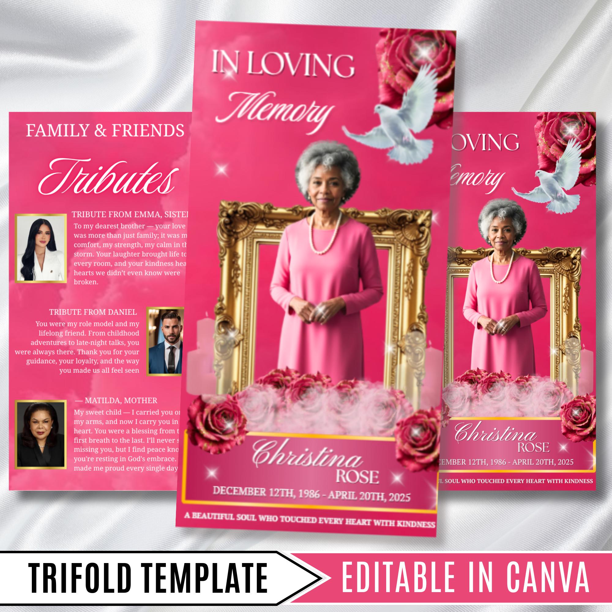 Pink Memorial Funeral Program Template, Tri-Fold(17x11) Funeral Program, Obituary Celebration Of Life Program, In Loving Memory Templates - Editable Memorial Canva Template