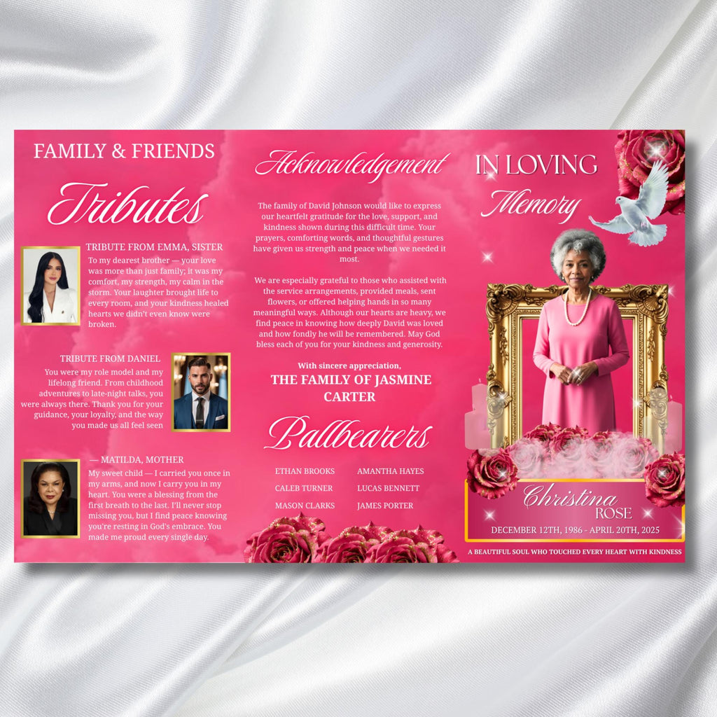 Pink Memorial Funeral Program Template, Tri-Fold(17x11) Funeral Program, Obituary Celebration Of Life Program, In Loving Memory Templates - Editable Memorial Canva Template