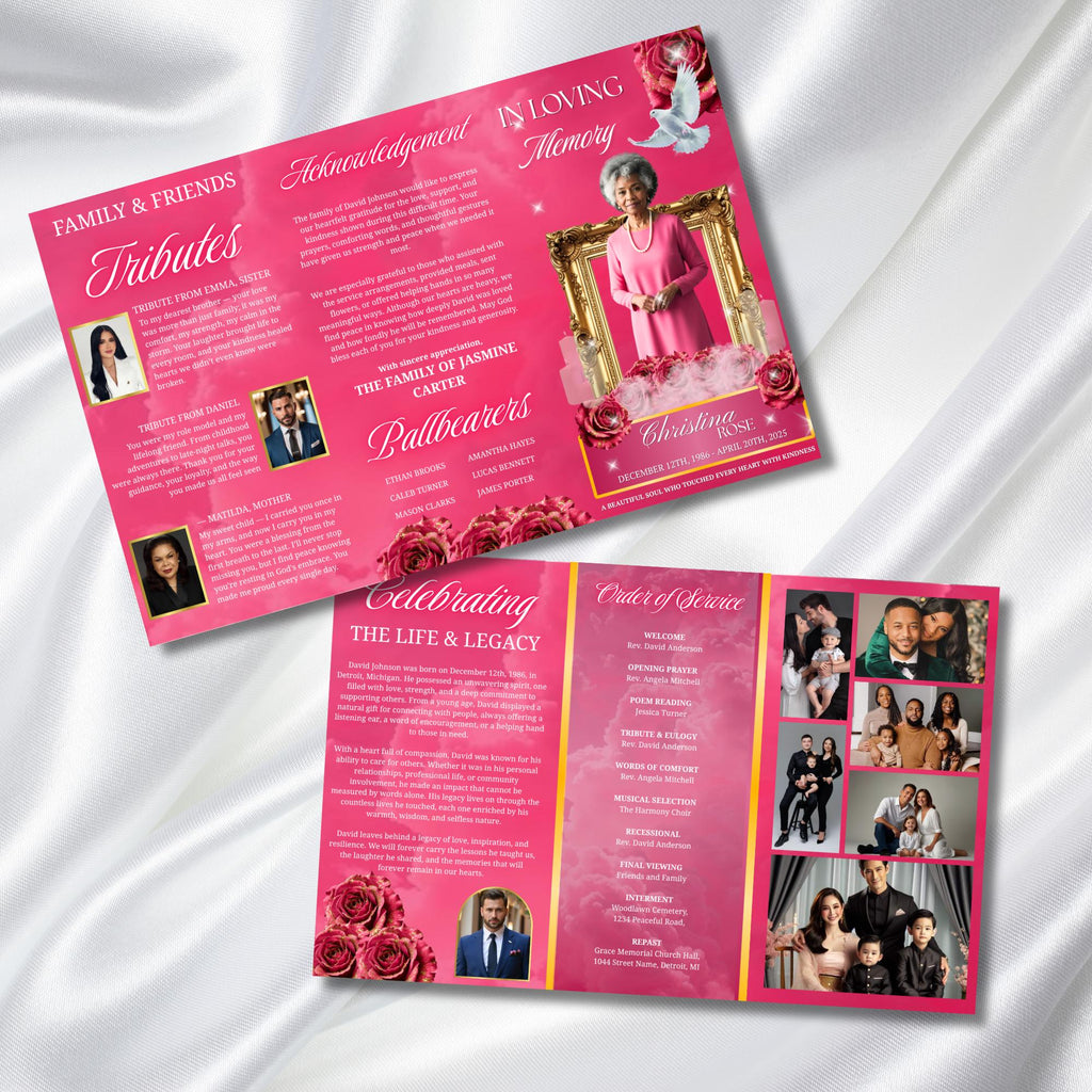 Pink Memorial Funeral Program Template, Tri-Fold(17x11) Funeral Program, Obituary Celebration Of Life Program, In Loving Memory Templates - Editable Memorial Canva Template