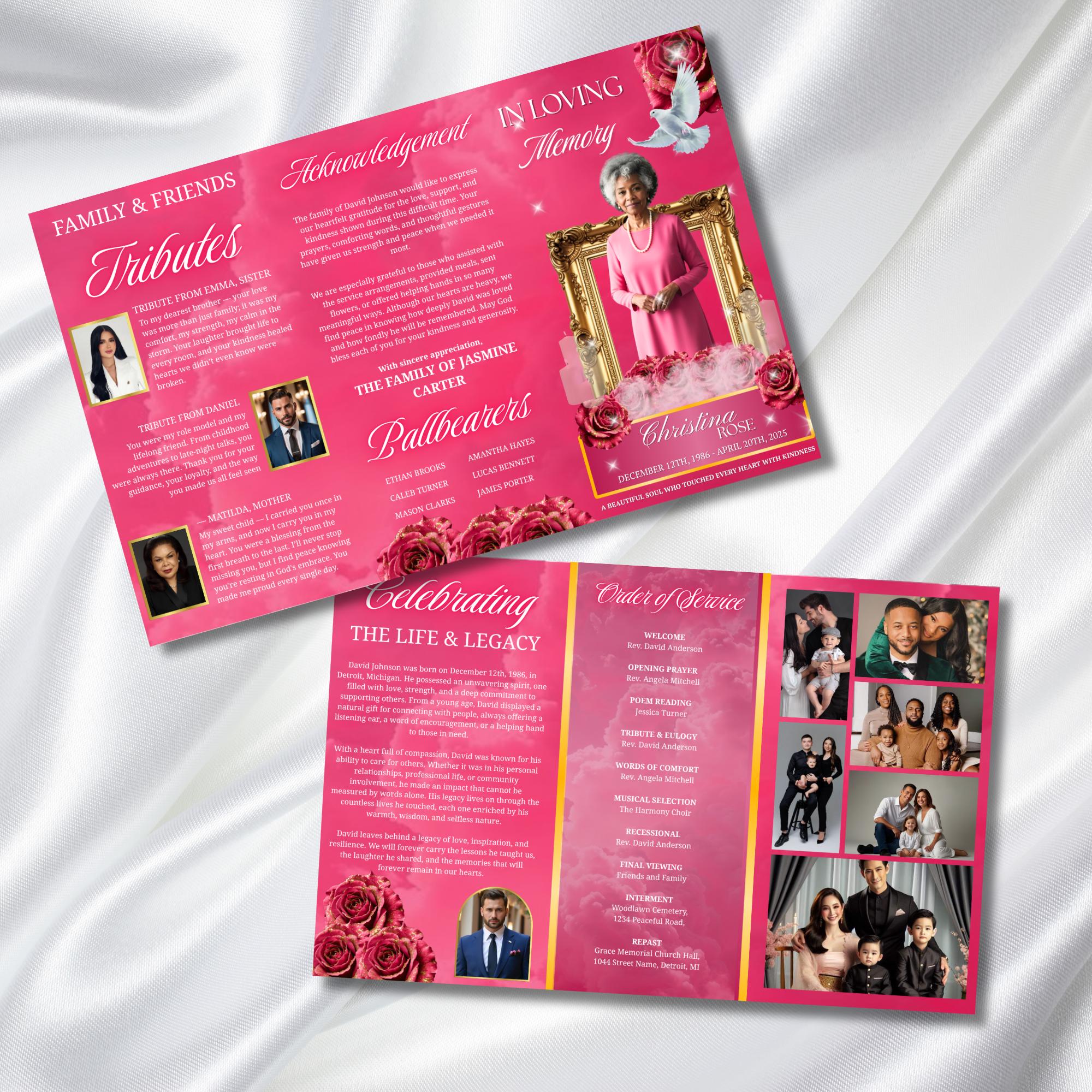 Pink Memorial Funeral Program Template, Tri-Fold(17x11) Funeral Program, Obituary Celebration Of Life Program, In Loving Memory Templates - Editable Memorial Canva Template