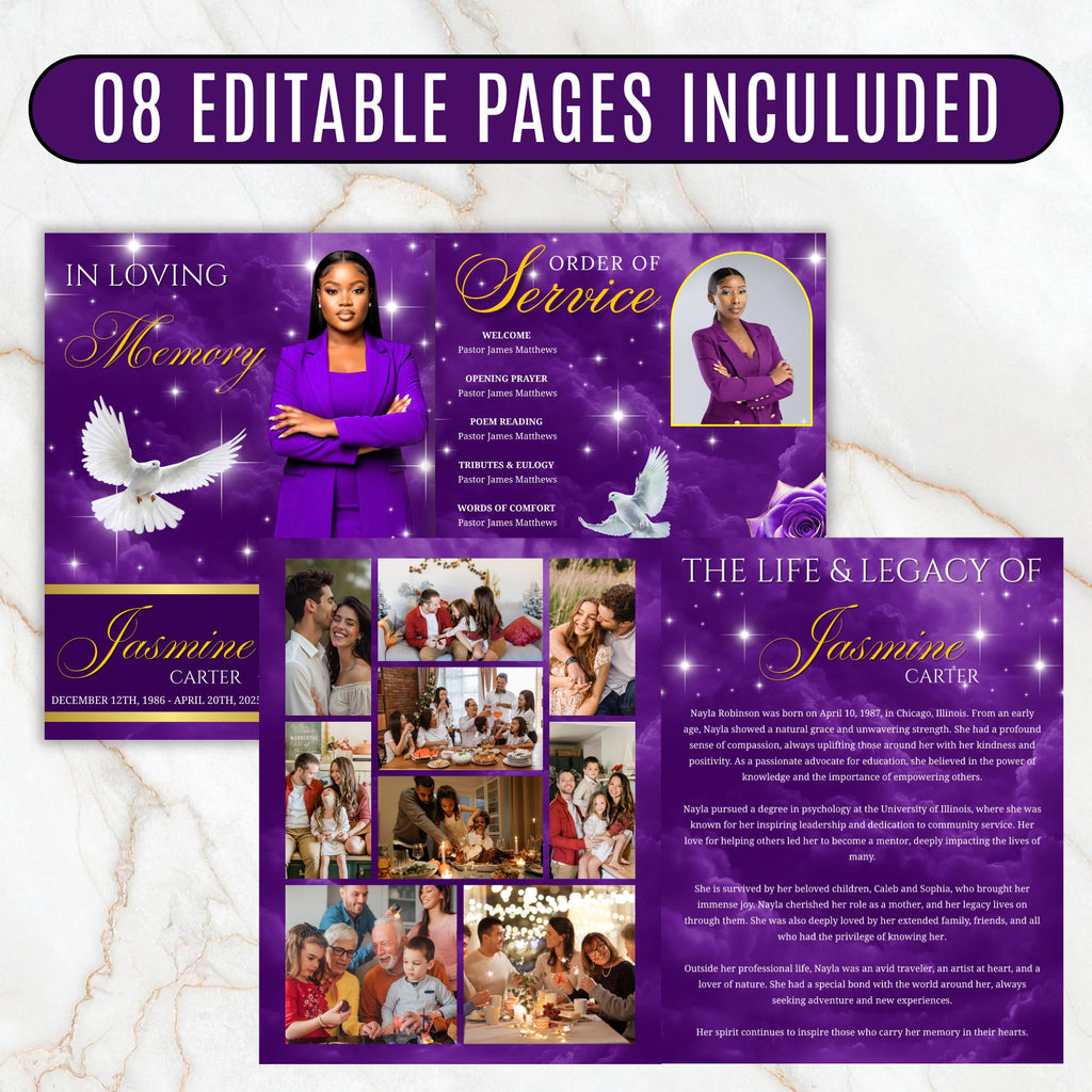 08 Pages Memorial Purple Funeral Program Template, Editable Bifold 8.5x11” Design, Obituary Celebration Of Life Program, Digital Download - Editable Memorial Canva Template