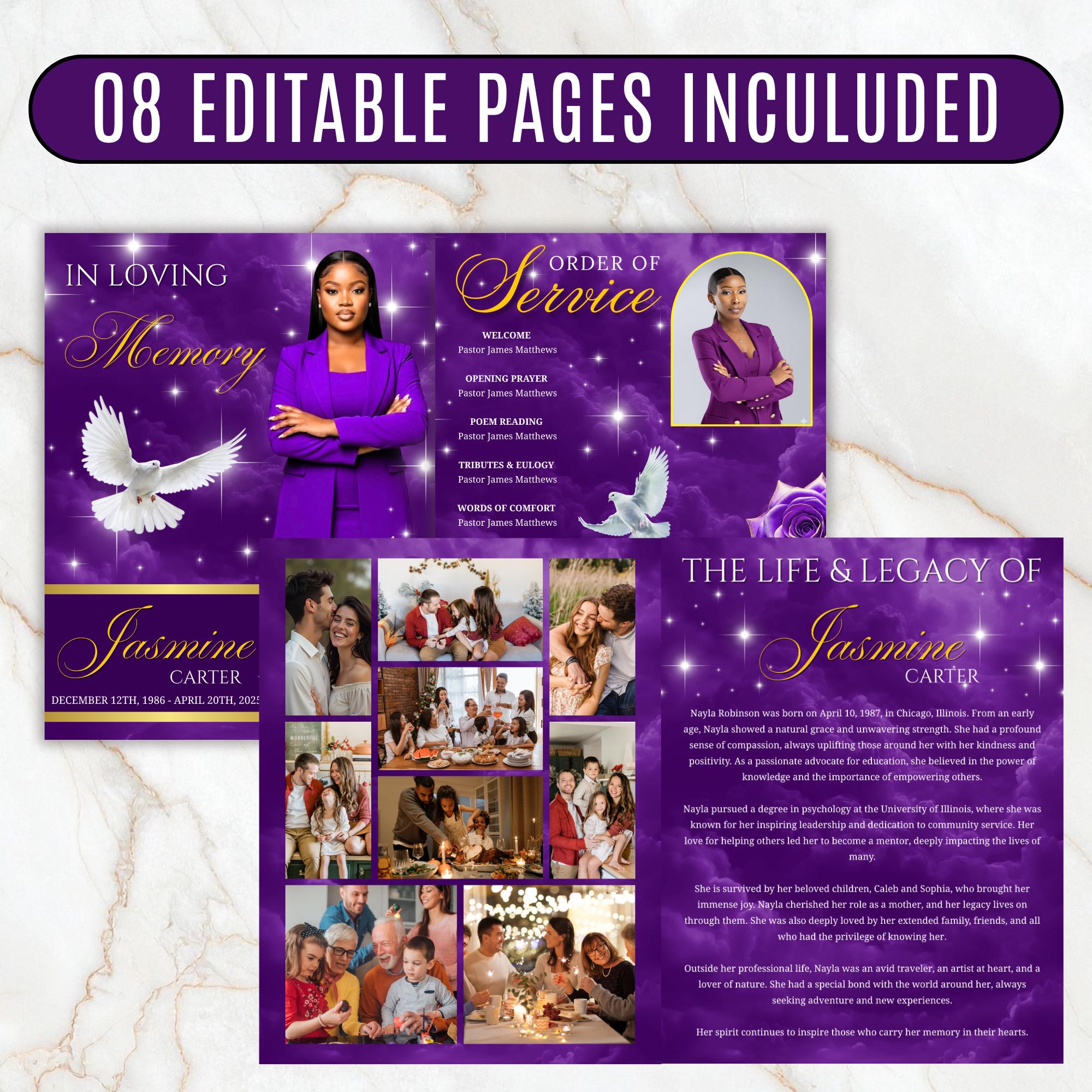 08 Pages Memorial Purple Funeral Program Template, Editable Bifold 8.5x11” Design, Obituary Celebration Of Life Program, Digital Download - Editable Memorial Canva Template