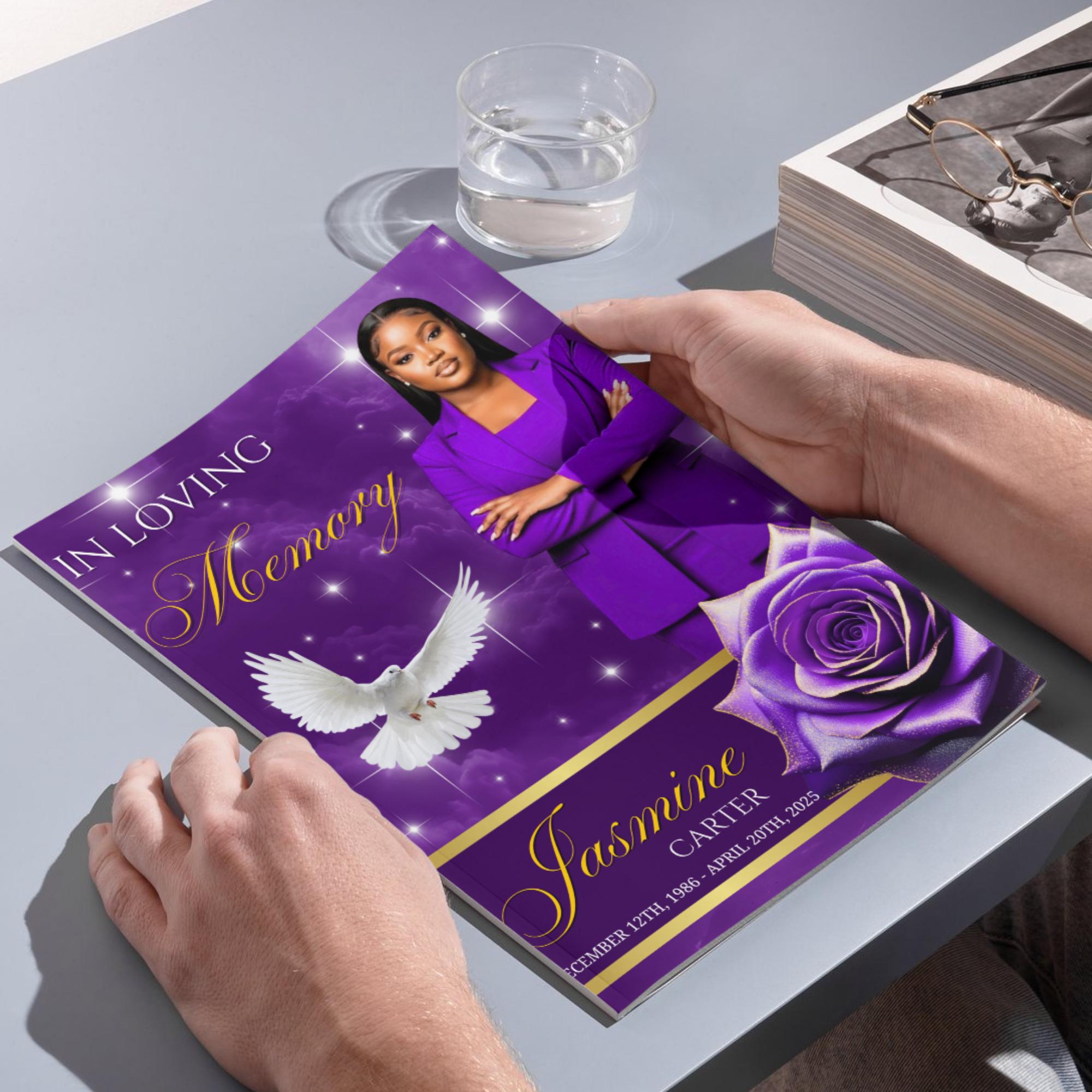 08 Pages Memorial Purple Funeral Program Template, Editable Bifold 8.5x11” Design, Obituary Celebration Of Life Program, Digital Download - Editable Memorial Canva Template