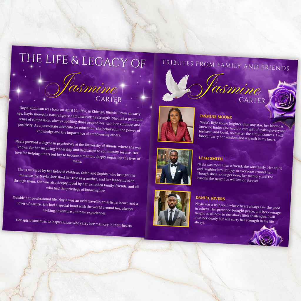 08 Pages Memorial Purple Funeral Program Template, Editable Bifold 8.5x11” Design, Obituary Celebration Of Life Program, Digital Download - Editable Memorial Canva Template
