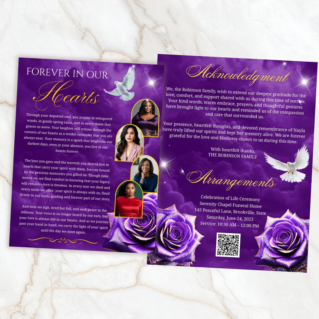 08 Pages Memorial Purple Funeral Program Template, Editable Bifold 8.5x11” Design, Obituary Celebration Of Life Program, Digital Download - Editable Memorial Canva Template