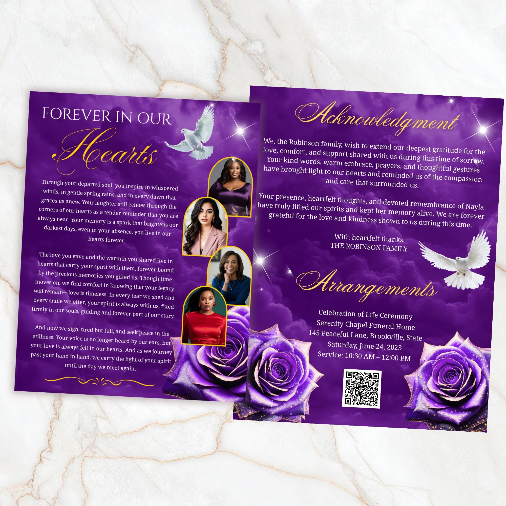 08 Pages Memorial Purple Funeral Program Template, Editable Bifold 8.5x11” Design, Obituary Celebration Of Life Program, Digital Download - Editable Memorial Canva Template