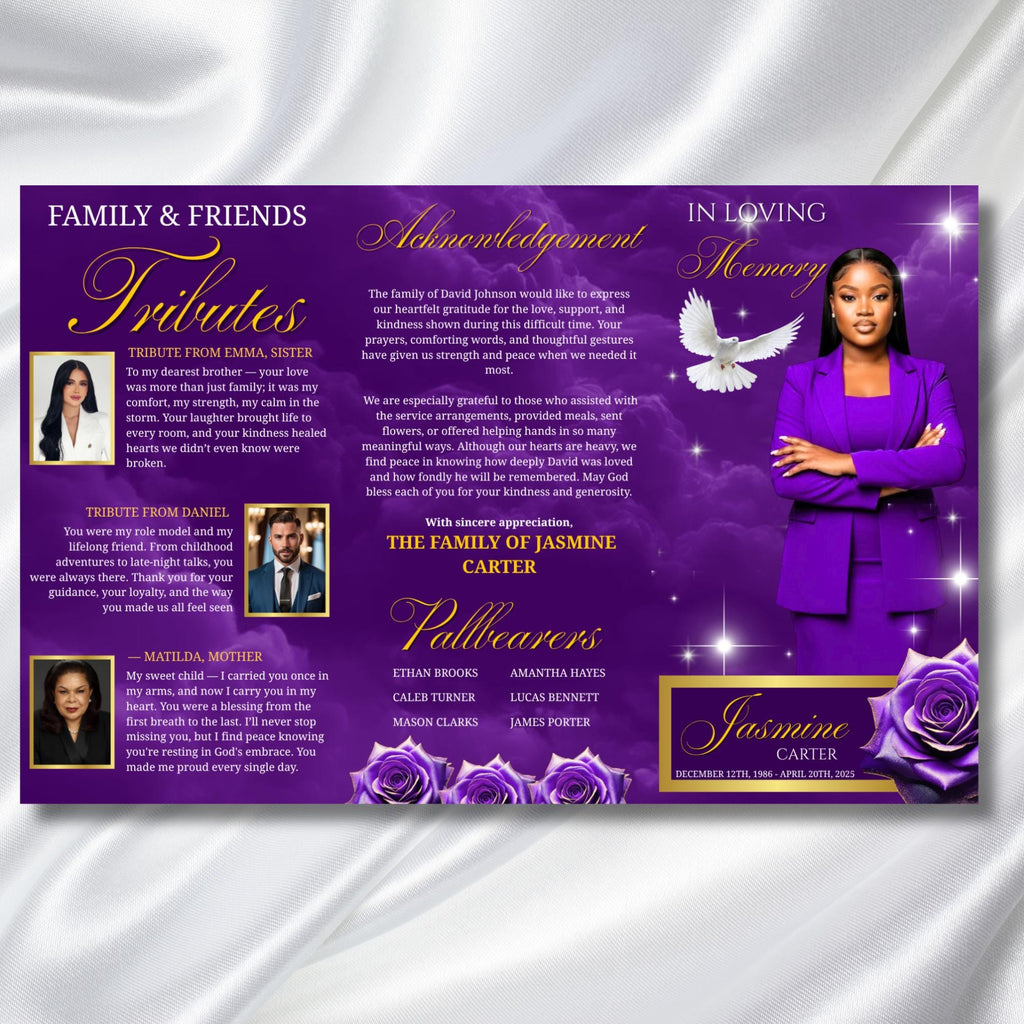 Purple Memorial Funeral Program Template, Tri-Fold(17x11) Funeral Program, Obituary Celebration Of Life Program, In Loving Memory Templates - Editable Memorial Canva Template