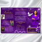 Purple Memorial Funeral Program Template, Tri-Fold(17x11) Funeral Program, Obituary Celebration Of Life Program, In Loving Memory Templates - Editable Memorial Canva Template