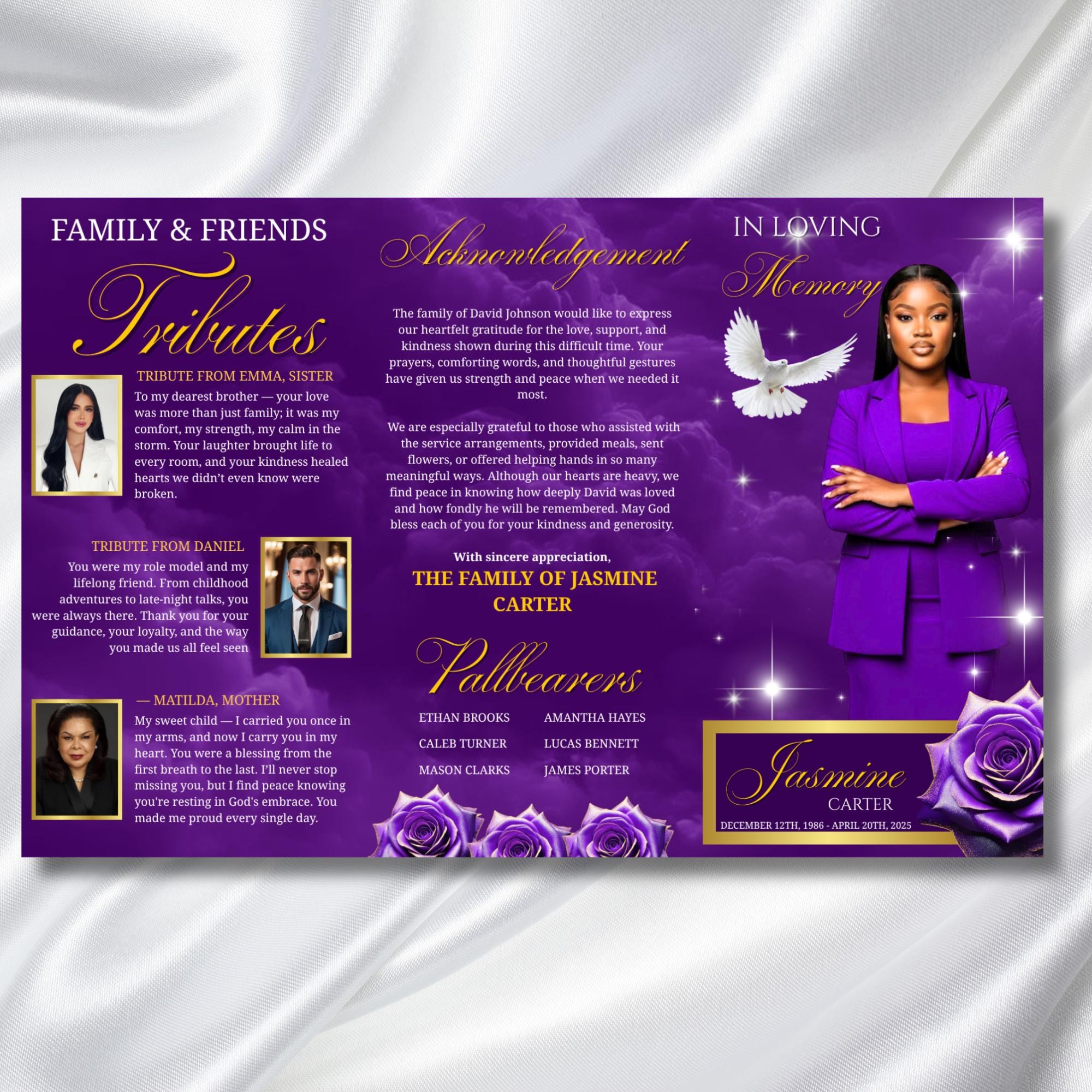 Purple Memorial Funeral Program Template, Tri-Fold(17x11) Funeral Program, Obituary Celebration Of Life Program, In Loving Memory Templates - Editable Memorial Canva Template