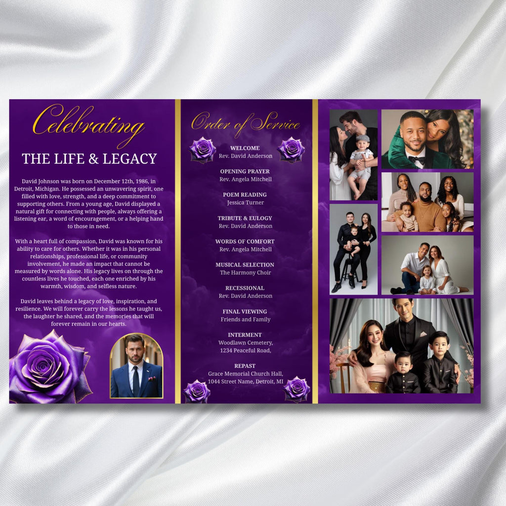 Purple Memorial Funeral Program Template, Tri-Fold(17x11) Funeral Program, Obituary Celebration Of Life Program, In Loving Memory Templates - Editable Memorial Canva Template