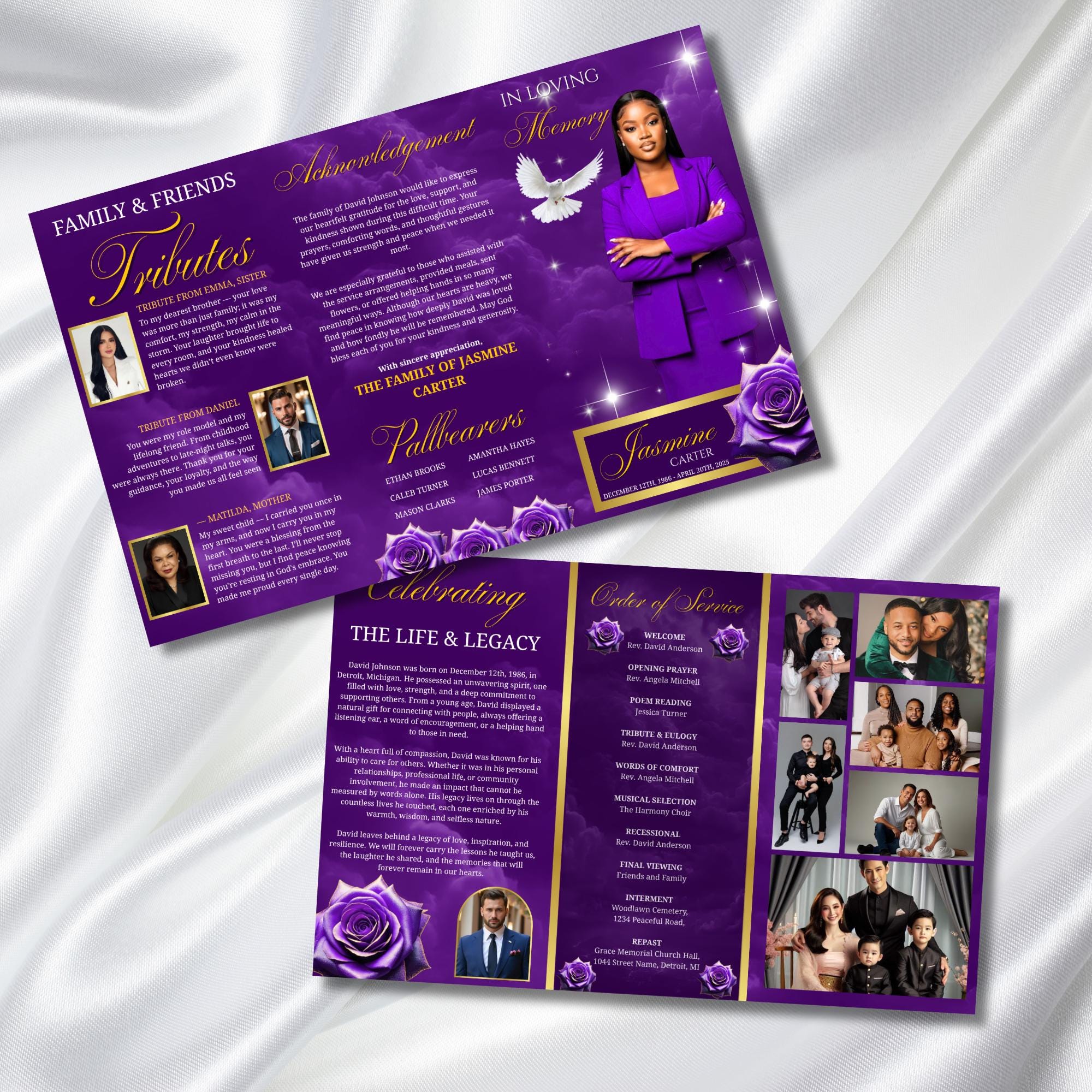 Purple Memorial Funeral Program Template, Tri-Fold(17x11) Funeral Program, Obituary Celebration Of Life Program, In Loving Memory Templates - Editable Memorial Canva Template