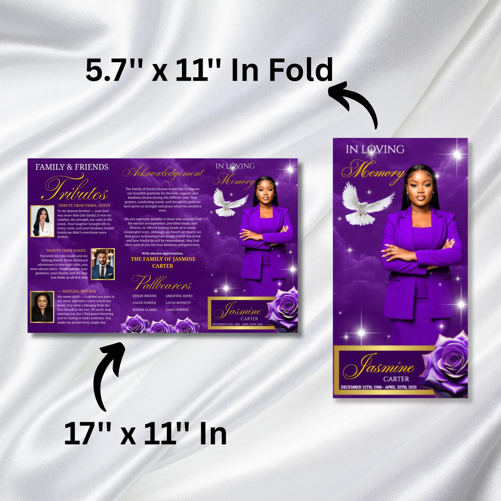 Purple Memorial Funeral Program Template, Tri-Fold(17x11) Funeral Program, Obituary Celebration Of Life Program, In Loving Memory Templates - Editable Memorial Canva Template