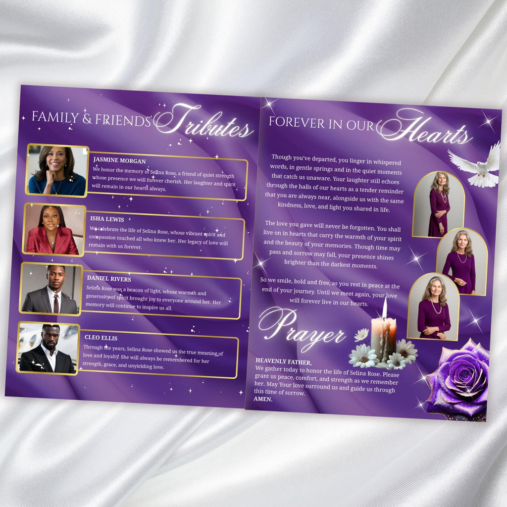 08 Pages Memorial Purple Funeral Program Template, Editable Bifold 8.5x11” Design, Obituary Celebration Of Life Program, Digital Download - Editable Memorial Canva Template
