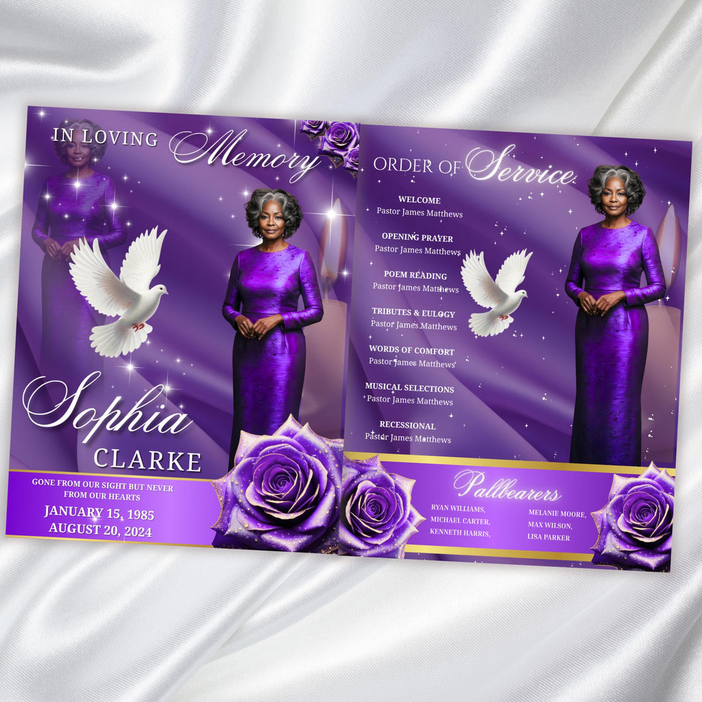 08 Pages Memorial Purple Funeral Program Template, Editable Bifold 8.5x11” Design, Obituary Celebration Of Life Program, Digital Download - Editable Memorial Canva Template