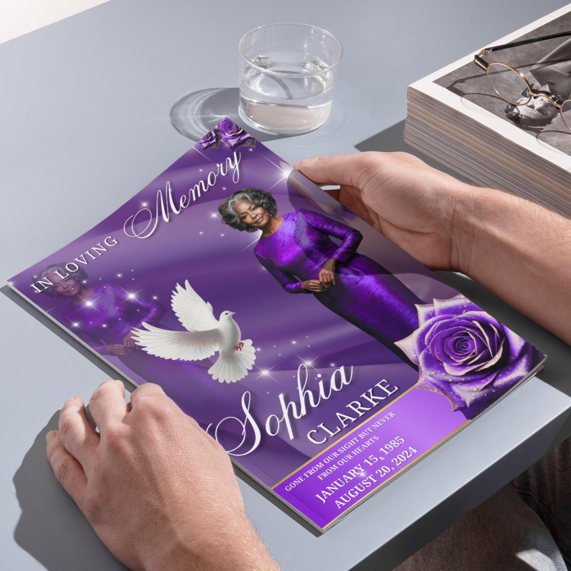 08 Pages Memorial Purple Funeral Program Template, Editable Bifold 8.5x11” Design, Obituary Celebration Of Life Program, Digital Download - Editable Memorial Canva Template