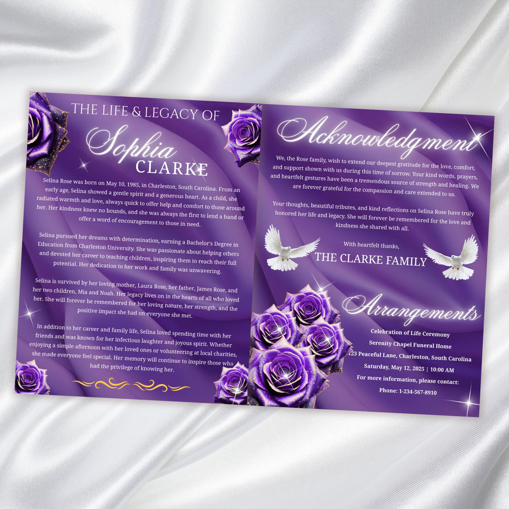 08 Pages Memorial Purple Funeral Program Template, Editable Bifold 8.5x11” Design, Obituary Celebration Of Life Program, Digital Download - Editable Memorial Canva Template