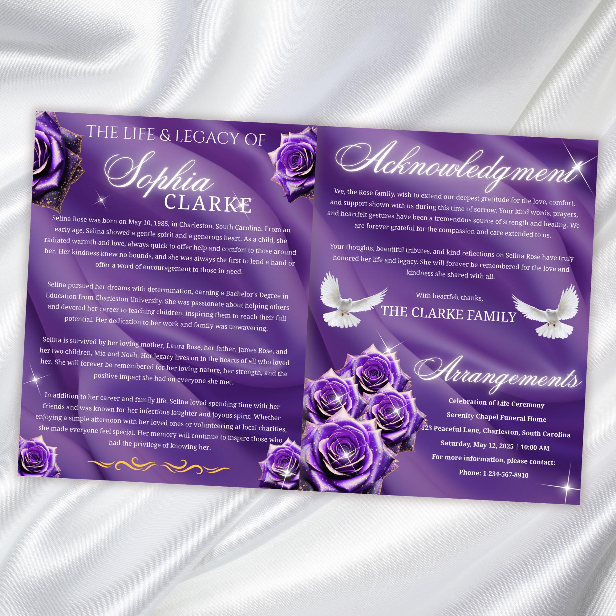08 Pages Memorial Purple Funeral Program Template, Editable Bifold 8.5x11” Design, Obituary Celebration Of Life Program, Digital Download - Editable Memorial Canva Template