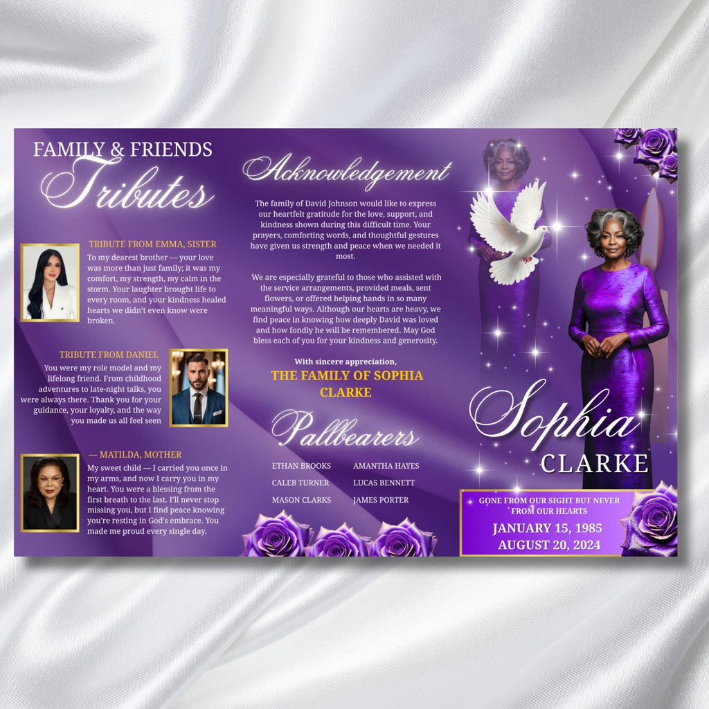 Purple Memorial Funeral Program Template, Tri-Fold(17x11) Funeral Program, Obituary Celebration Of Life Program, In Loving Memory Templates - Editable Memorial Canva Template