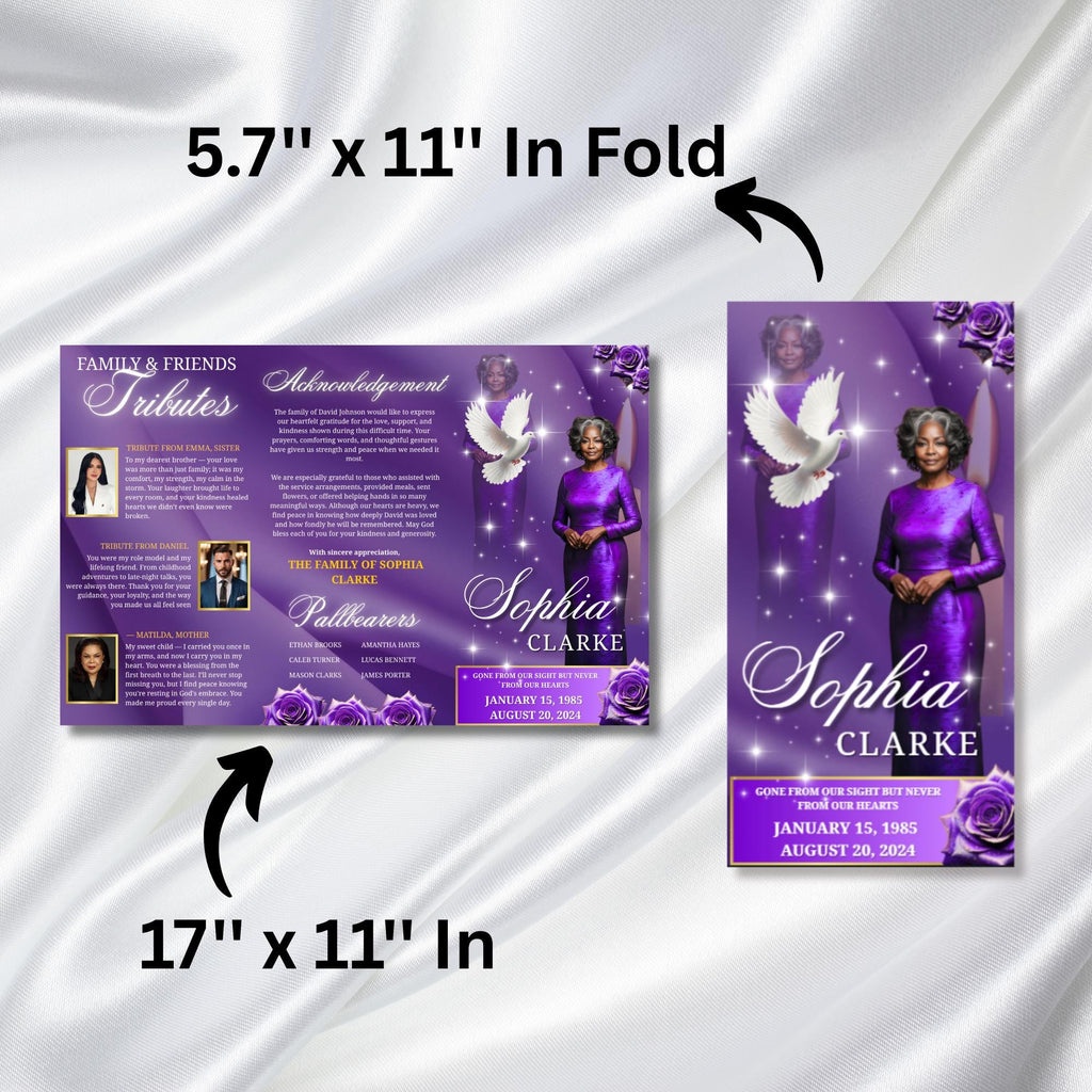 Purple Memorial Funeral Program Template, Tri-Fold(17x11) Funeral Program, Obituary Celebration Of Life Program, In Loving Memory Templates - Editable Memorial Canva Template