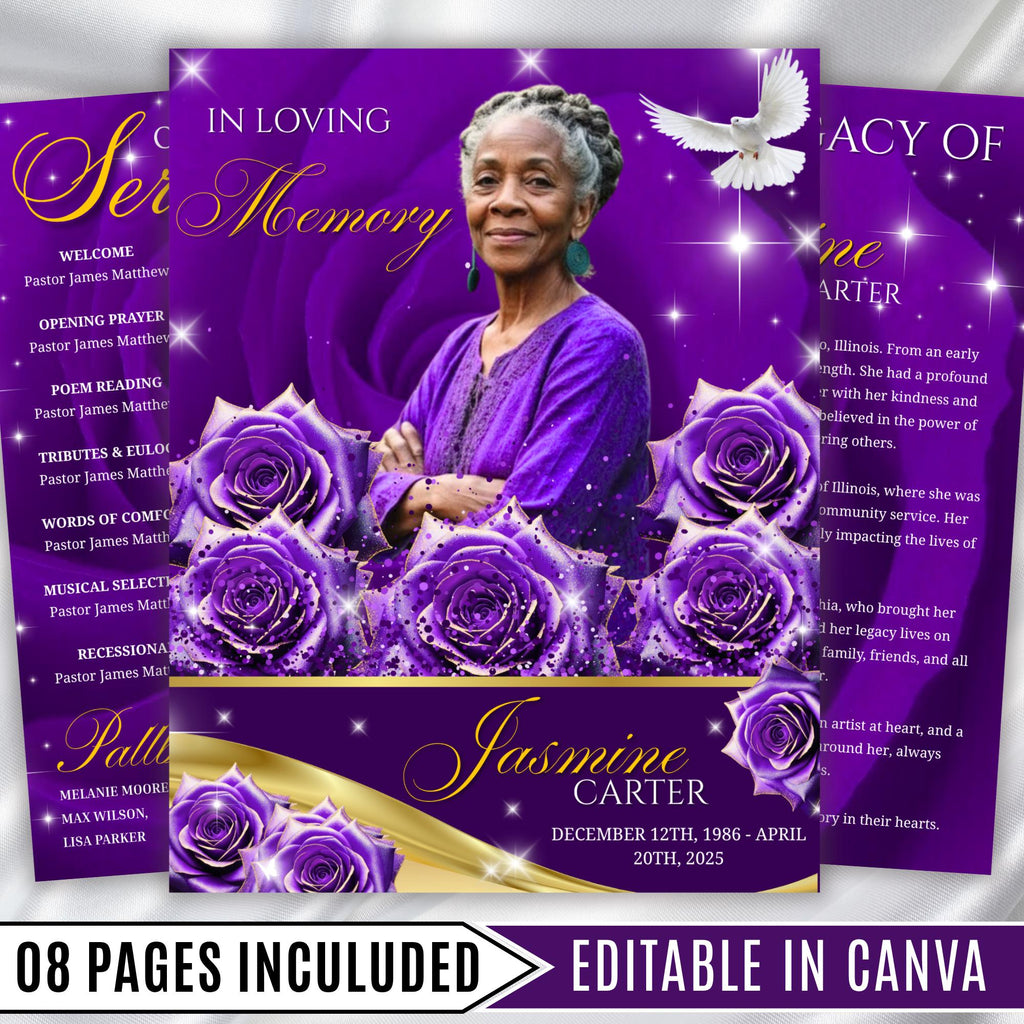 8 Pages Purple Rose Glitter Funeral Program Template, Editable Bifold 8.5x11” Design, Obituary Celebration Of Life Program, Digital Download - Editable Memorial Canva Template