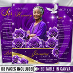 8 Pages Purple Rose Glitter Funeral Program Template, Editable Bifold 8.5x11” Design, Obituary Celebration Of Life Program, Digital Download - Editable Memorial Canva Template