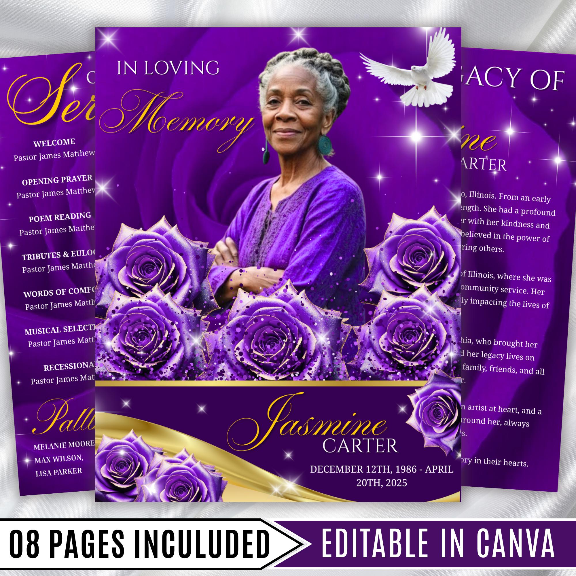 8 Pages Purple Rose Glitter Funeral Program Template, Editable Bifold 8.5x11” Design, Obituary Celebration Of Life Program, Digital Download - Editable Memorial Canva Template