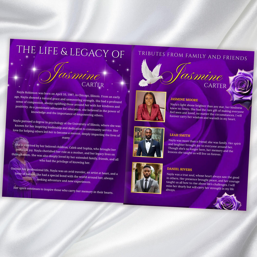 8 Pages Purple Rose Glitter Funeral Program Template, Editable Bifold 8.5x11” Design, Obituary Celebration Of Life Program, Digital Download - Editable Memorial Canva Template