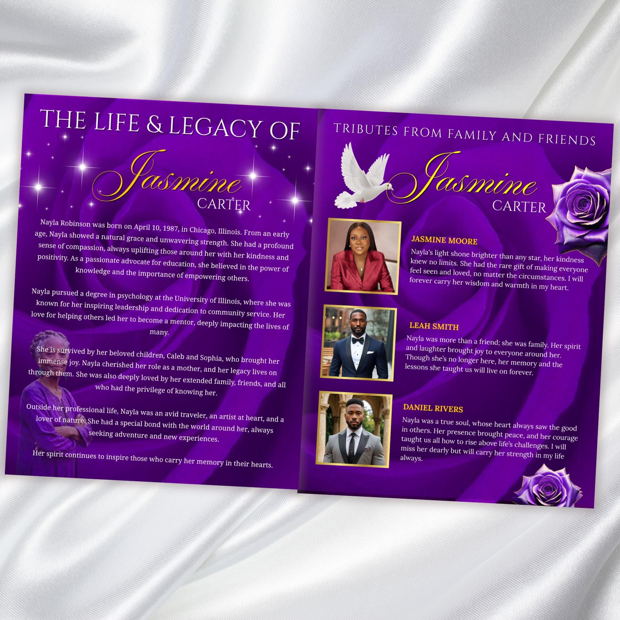 8 Pages Purple Rose Glitter Funeral Program Template, Editable Bifold 8.5x11” Design, Obituary Celebration Of Life Program, Digital Download - Editable Memorial Canva Template
