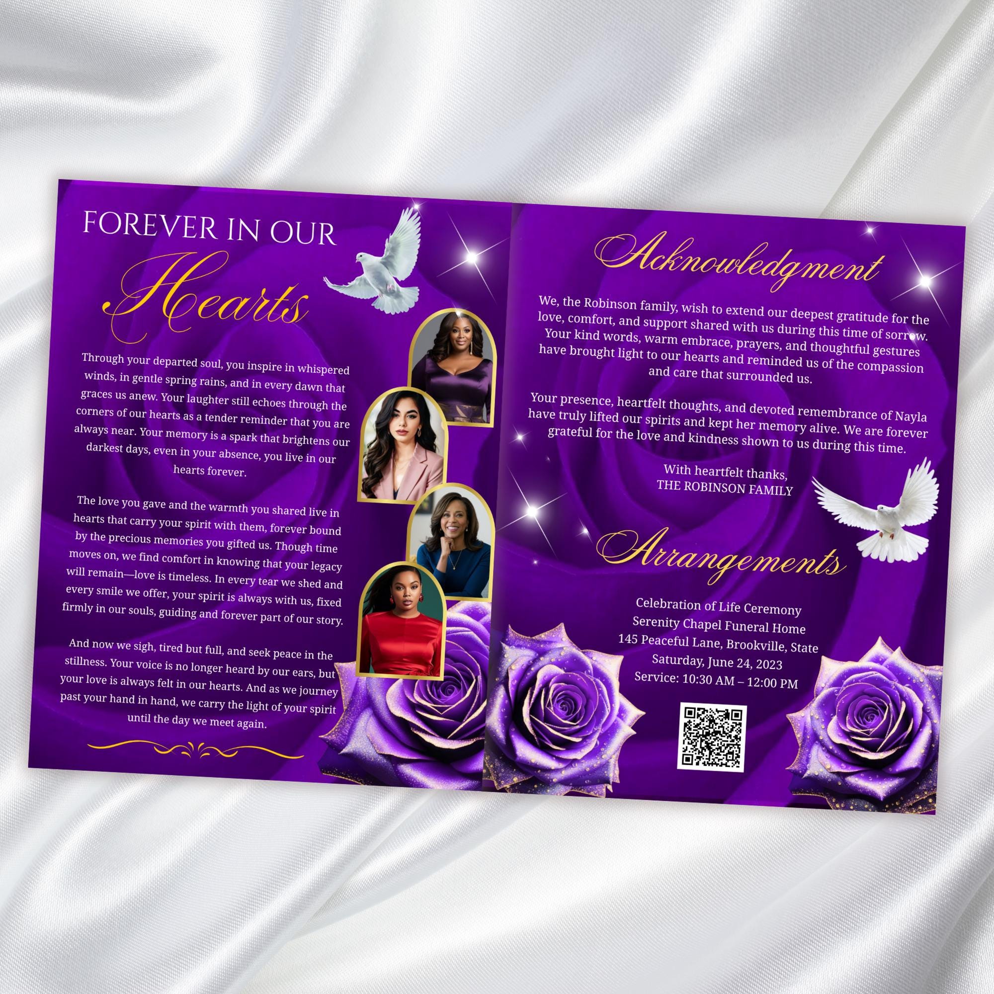 8 Pages Purple Rose Glitter Funeral Program Template, Editable Bifold 8.5x11” Design, Obituary Celebration Of Life Program, Digital Download - Editable Memorial Canva Template