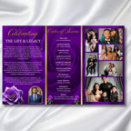 Purple Rose Glitter Funeral Program Template, Tri-Fold(17x11) Funeral Program, Obituary Celebration Of Life, In Loving Memory Templates - Editable Memorial Canva Template