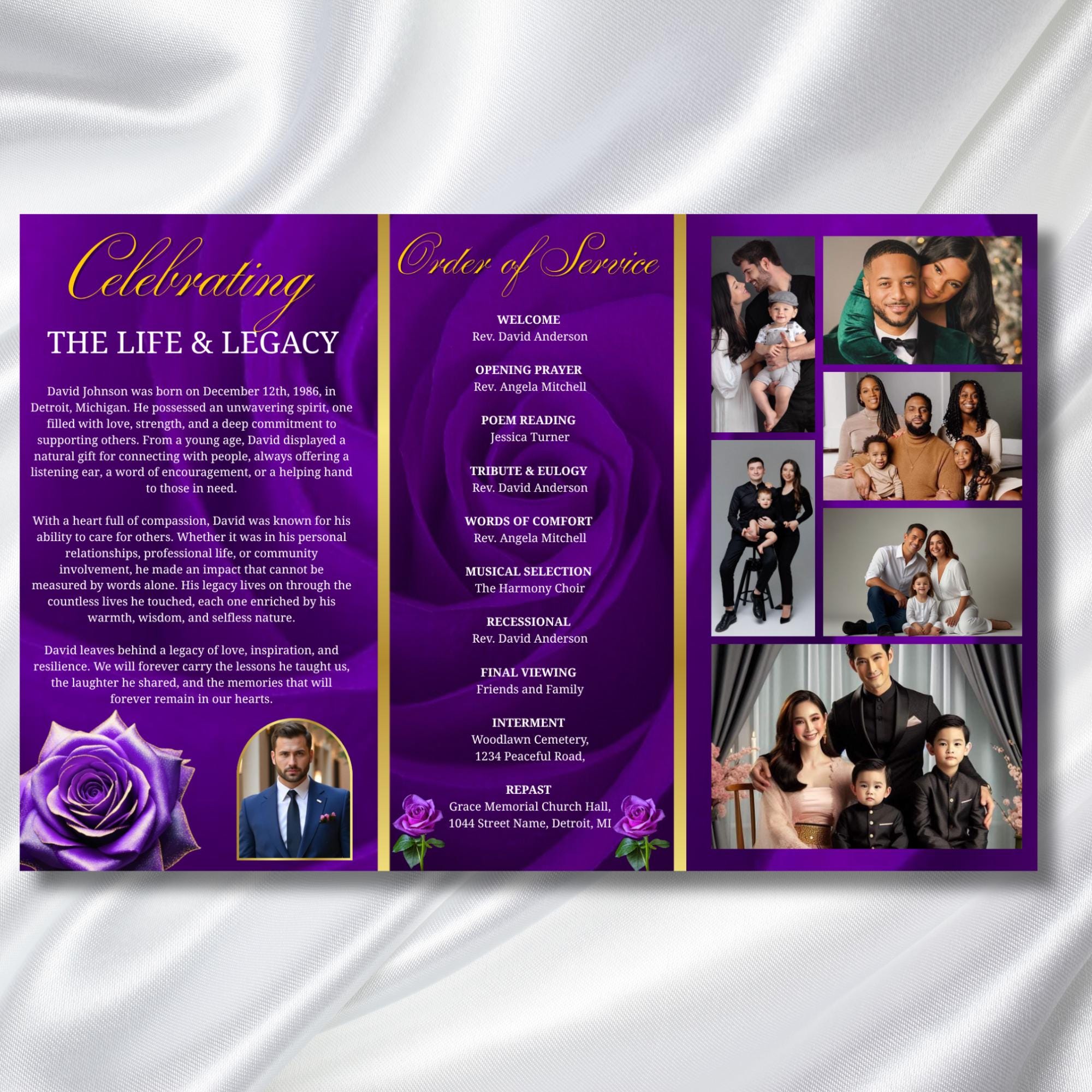 Purple Rose Glitter Funeral Program Template, Tri-Fold(17x11) Funeral Program, Obituary Celebration Of Life, In Loving Memory Templates - Editable Memorial Canva Template