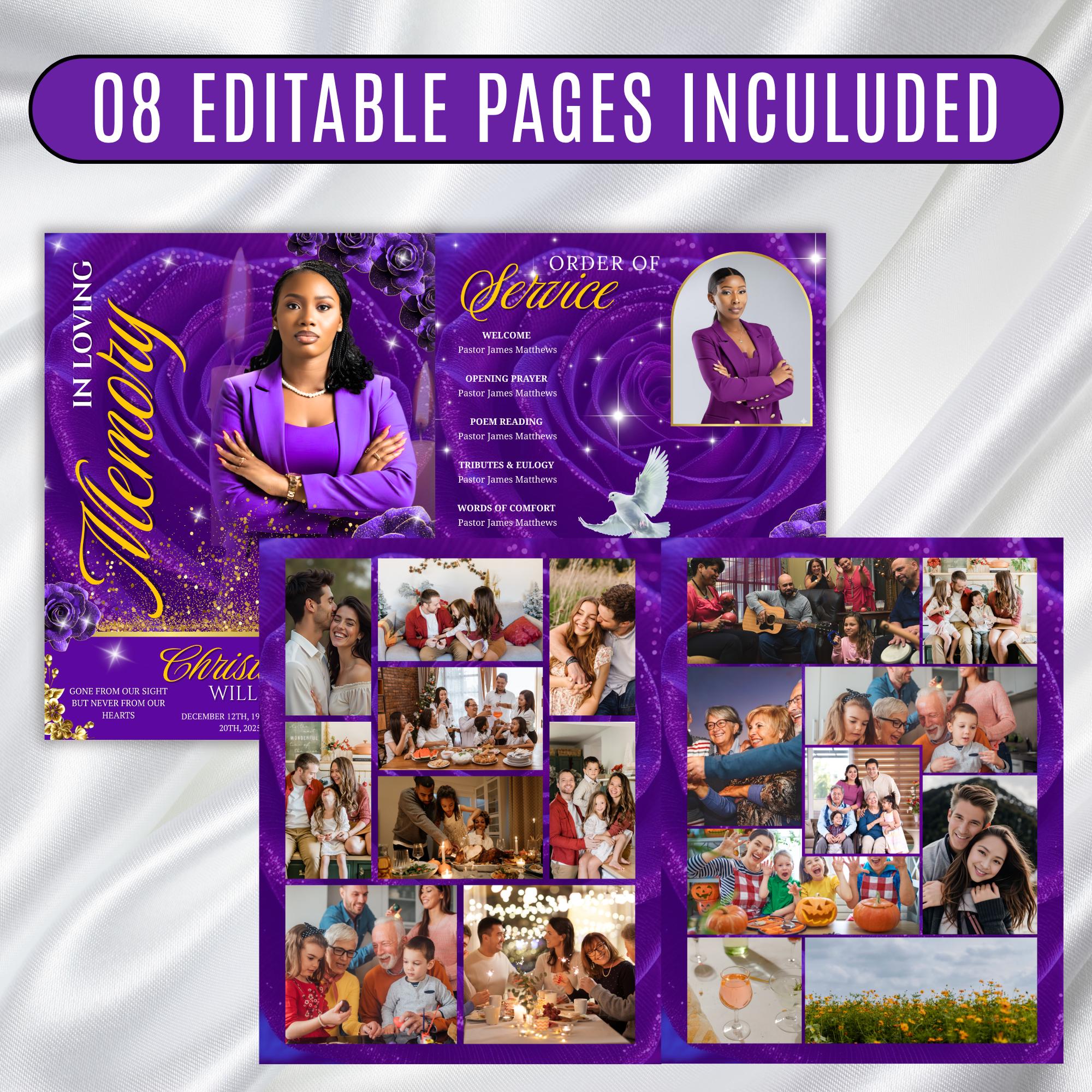 08 Pages Purple Rose Gold Funeral Program Template, Editable Bifold 8.5x11” Design, Obituary Celebration Of Life Program, Digital Download - Editable Memorial Canva Template
