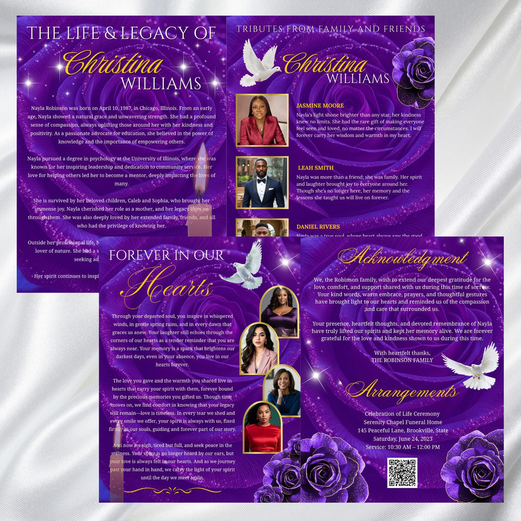 08 Pages Purple Rose Gold Funeral Program Template, Editable Bifold 8.5x11” Design, Obituary Celebration Of Life Program, Digital Download - Editable Memorial Canva Template