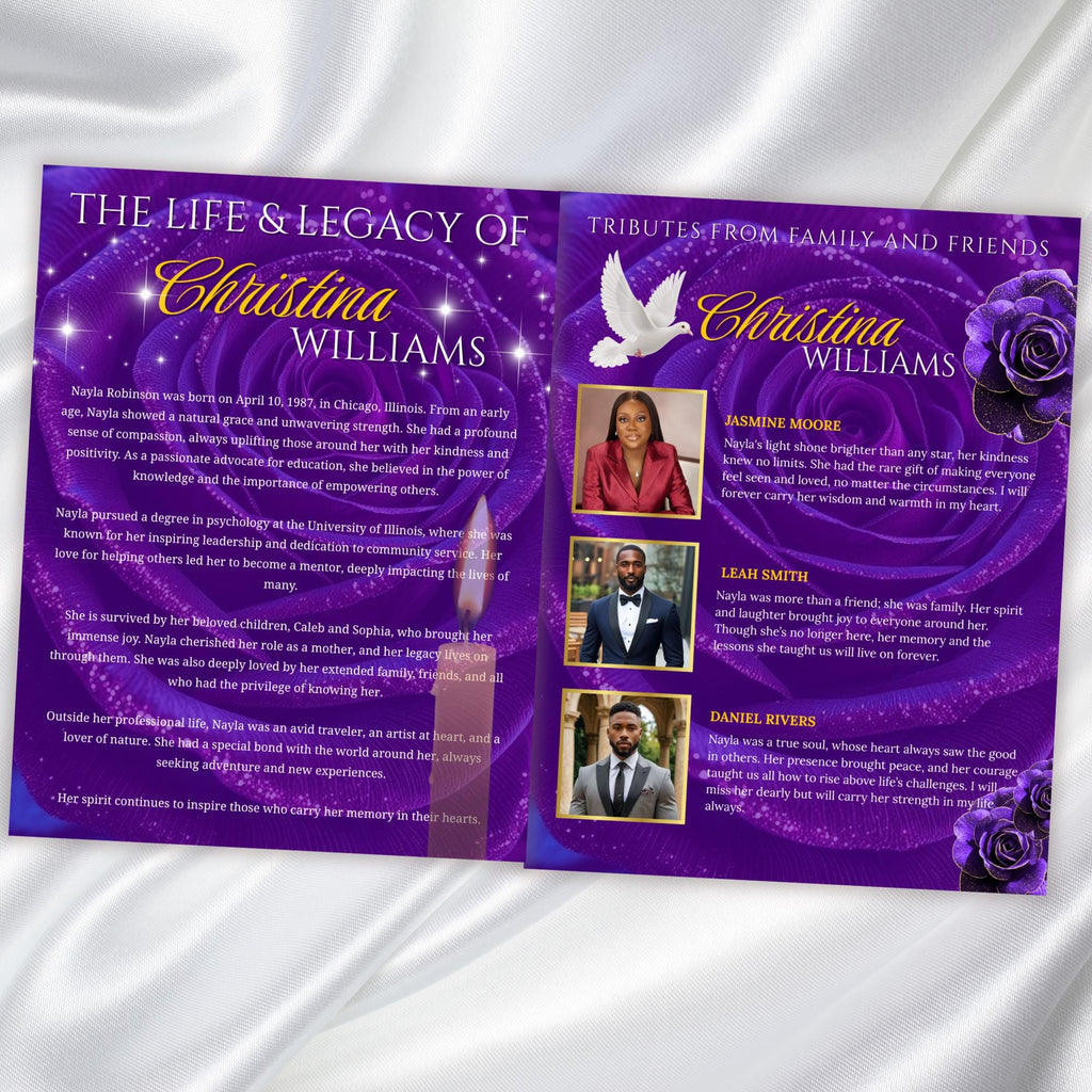 08 Pages Purple Rose Gold Funeral Program Template, Editable Bifold 8.5x11” Design, Obituary Celebration Of Life Program, Digital Download - Editable Memorial Canva Template