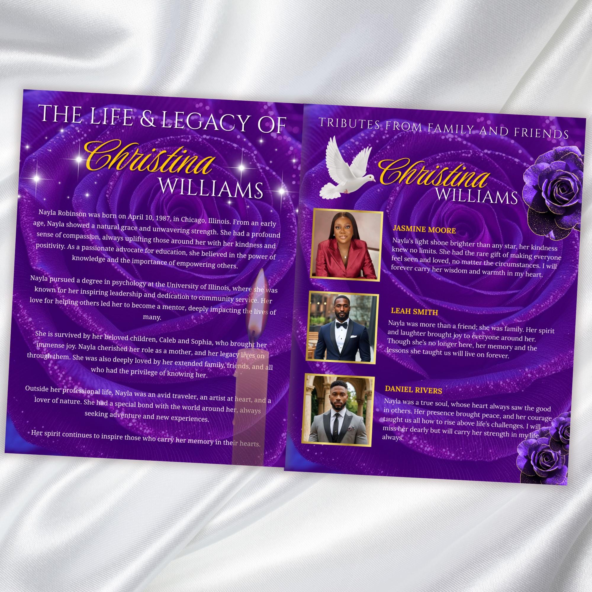 08 Pages Purple Rose Gold Funeral Program Template, Editable Bifold 8.5x11” Design, Obituary Celebration Of Life Program, Digital Download - Editable Memorial Canva Template