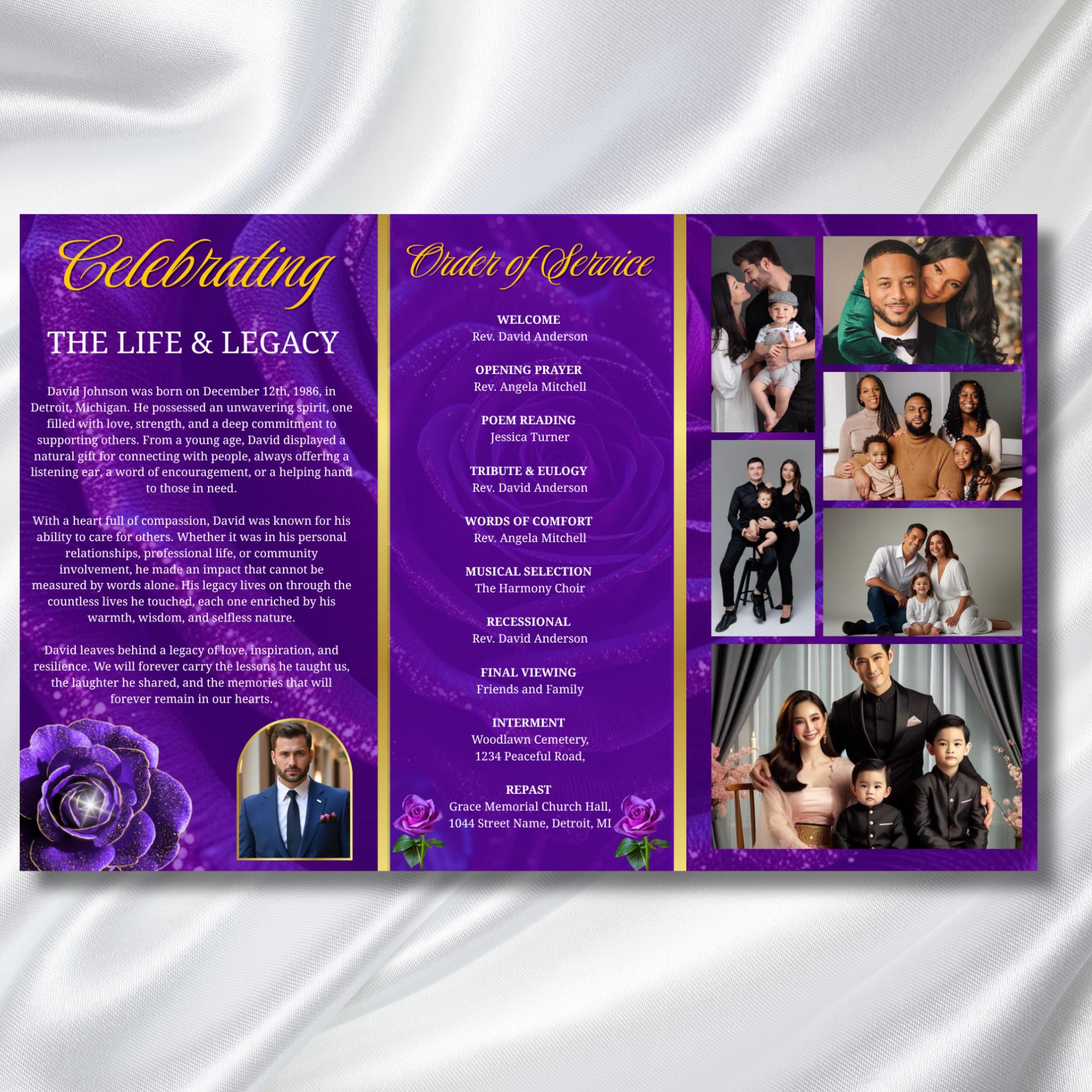Purple Rose Gold Funeral Program Template, Tri-Fold(17x11) Funeral Program, Obituary Celebration Of Life, In Loving Memory Templates - Editable Memorial Canva Template