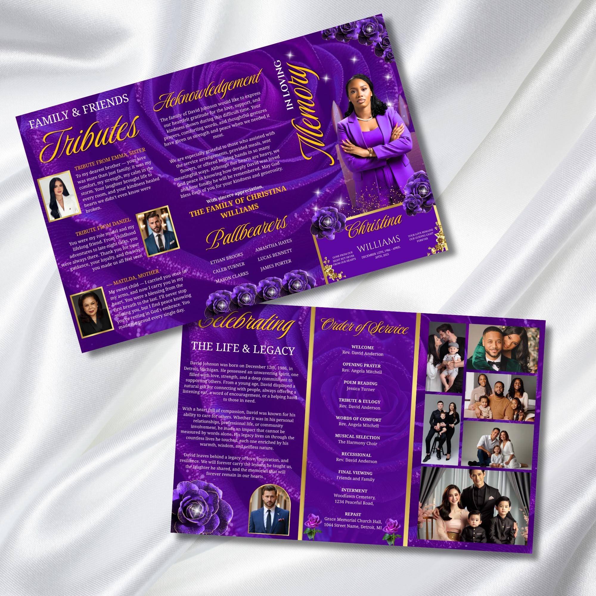 Purple Rose Gold Funeral Program Template, Tri-Fold(17x11) Funeral Program, Obituary Celebration Of Life, In Loving Memory Templates - Editable Memorial Canva Template