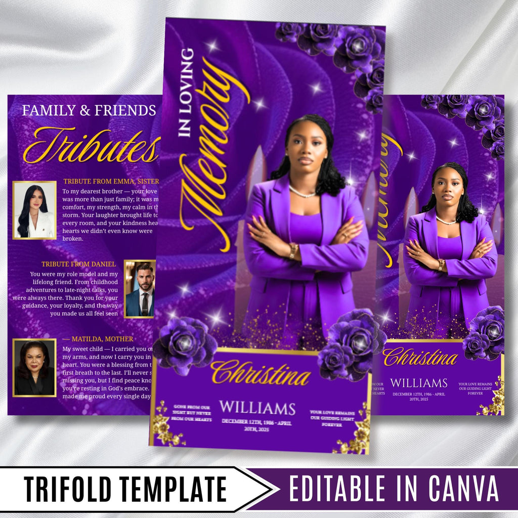 Purple Rose Gold Funeral Program Template, Tri-Fold(17x11) Funeral Program, Obituary Celebration Of Life, In Loving Memory Templates - Editable Memorial Canva Template