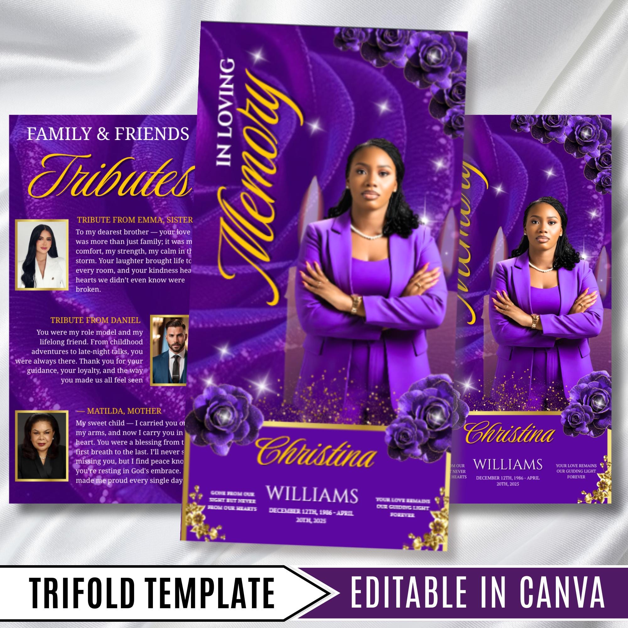 Purple Rose Gold Funeral Program Template, Tri-Fold(17x11) Funeral Program, Obituary Celebration Of Life, In Loving Memory Templates - Editable Memorial Canva Template