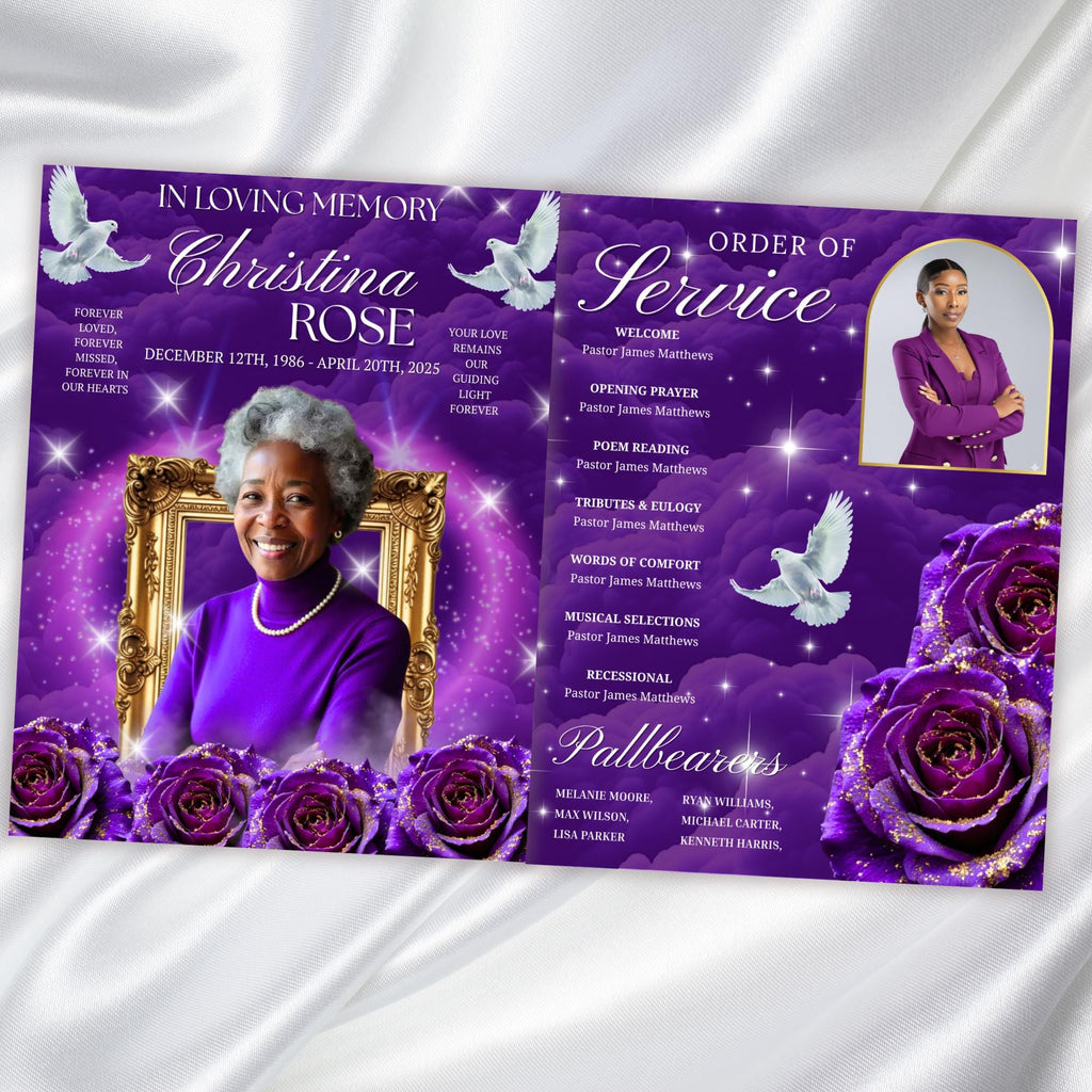08 Purple Rose Gold Frame Funeral Program Template, Editable Bifold 8.5x11” Design, Obituary Celebration Of Life Program, Digital Download - Editable Memorial Canva Template