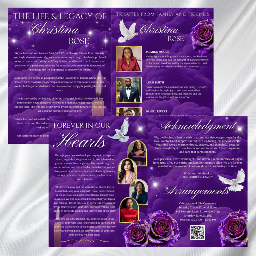 08 Purple Rose Gold Frame Funeral Program Template, Editable Bifold 8.5x11” Design, Obituary Celebration Of Life Program, Digital Download - Editable Memorial Canva Template