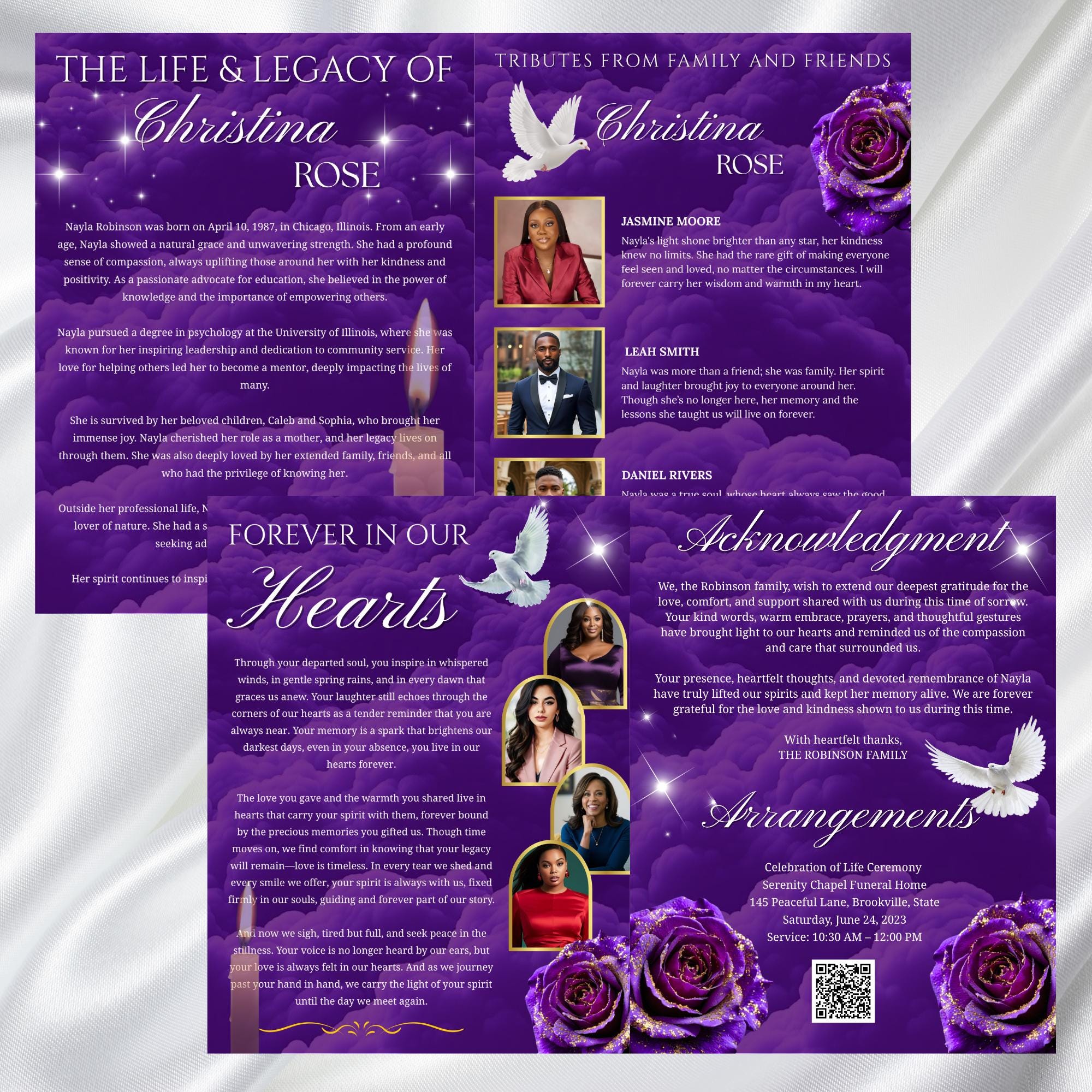 08 Purple Rose Gold Frame Funeral Program Template, Editable Bifold 8.5x11” Design, Obituary Celebration Of Life Program, Digital Download - Editable Memorial Canva Template