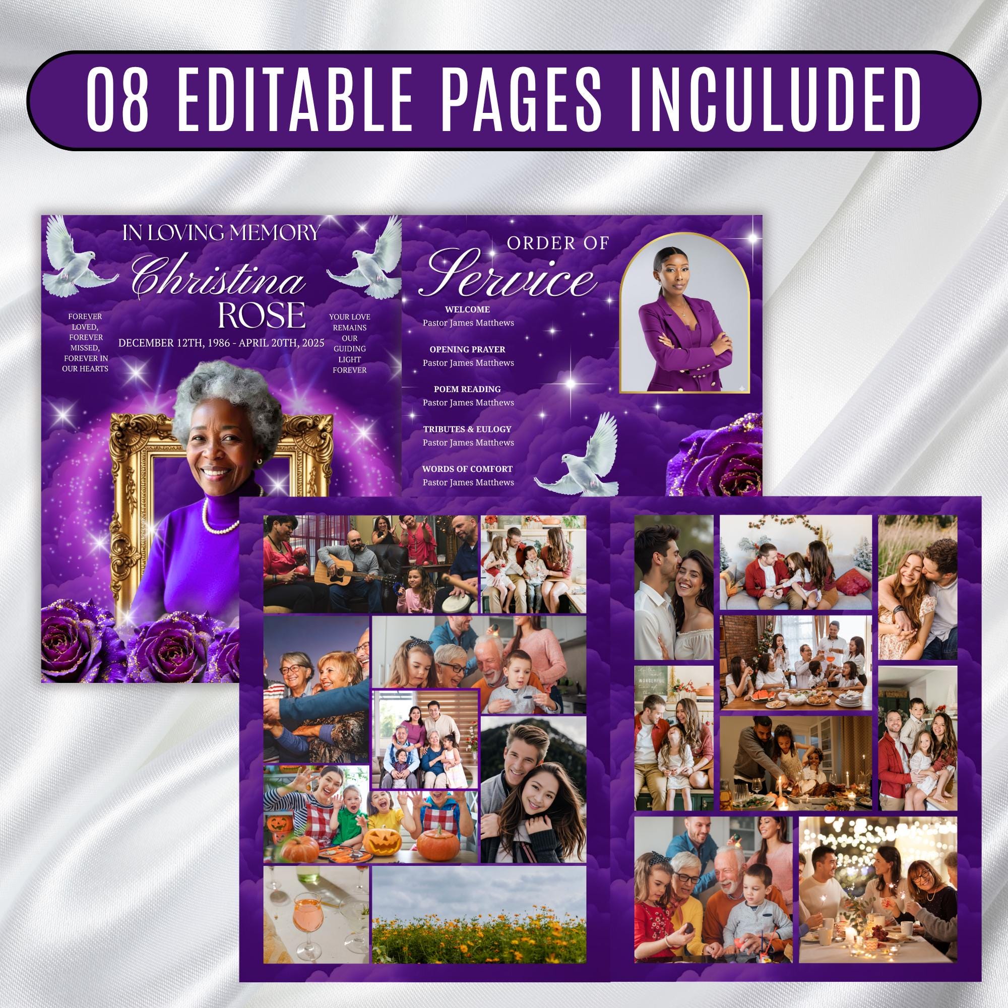 08 Purple Rose Gold Frame Funeral Program Template, Editable Bifold 8.5x11” Design, Obituary Celebration Of Life Program, Digital Download - Editable Memorial Canva Template
