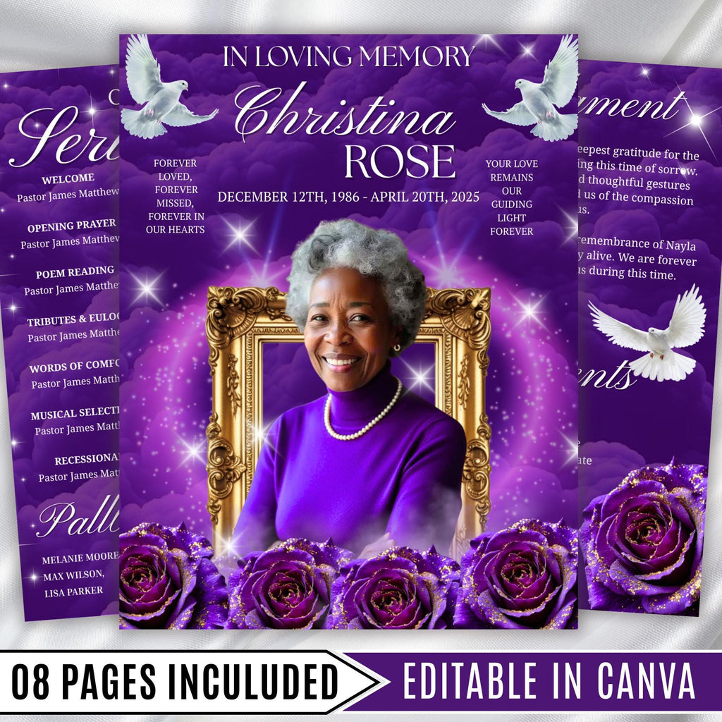 08 Purple Rose Gold Frame Funeral Program Template, Editable Bifold 8.5x11” Design, Obituary Celebration Of Life Program, Digital Download - Editable Memorial Canva Template