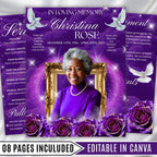 08 Purple Rose Gold Frame Funeral Program Template, Editable Bifold 8.5x11” Design, Obituary Celebration Of Life Program, Digital Download - Editable Memorial Canva Template
