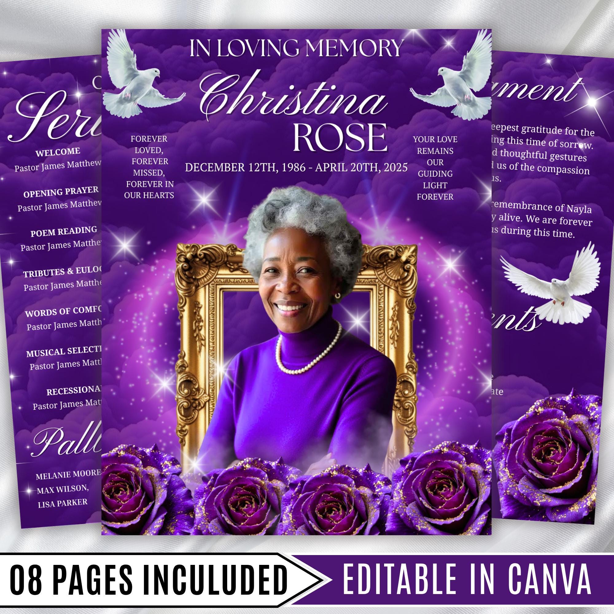 08 Purple Rose Gold Frame Funeral Program Template, Editable Bifold 8.5x11” Design, Obituary Celebration Of Life Program, Digital Download - Editable Memorial Canva Template