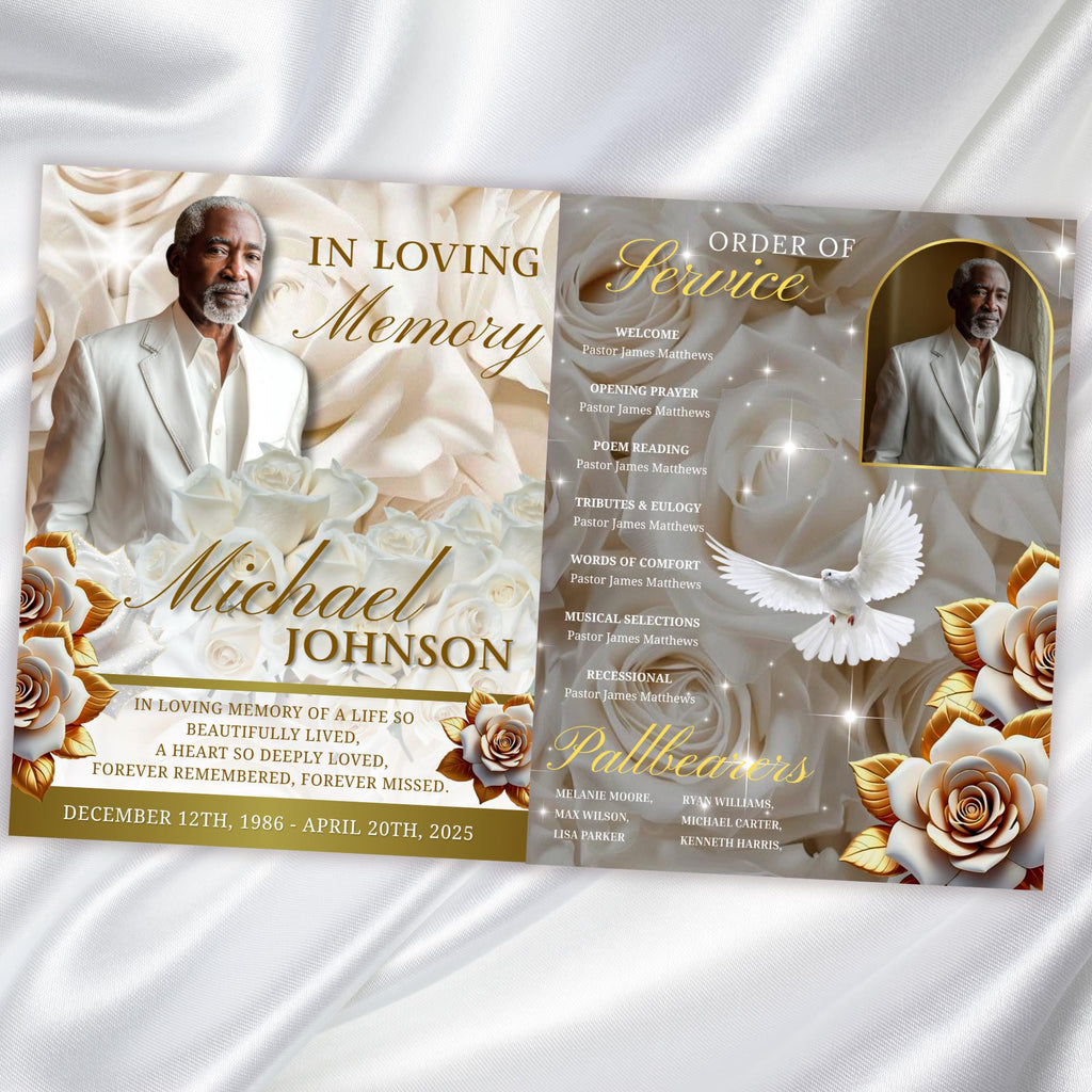 08 Pages White Rose Glitter Funeral Program Template, Editable Bifold 8.5x11” Design, Obituary Celebration Of Life Program, Digital Download - Editable Memorial Canva Template