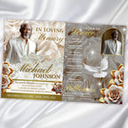 08 Pages White Rose Glitter Funeral Program Template, Editable Bifold 8.5x11” Design, Obituary Celebration Of Life Program, Digital Download - Editable Memorial Canva Template